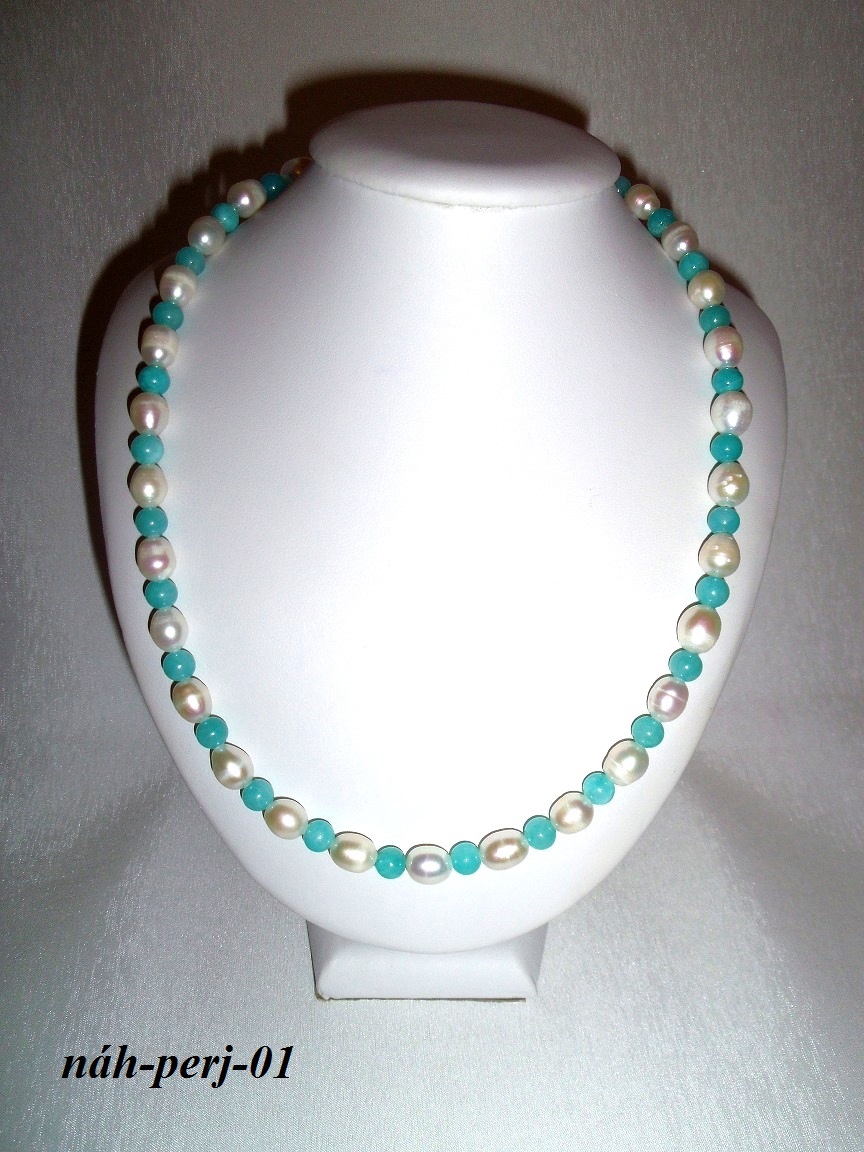 náhrdelník perla riečna jadeit bledomodrý